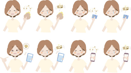 【お金イラスト/お財布、カード、電卓、スマホを持っている女の子】表情とポーズのバリエーションセット