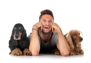 English Cockers Spaniels and man