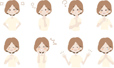 【怒ってる、悲しんでいる、任せて、疑問、ショック、困り顔、謝る】表情とポーズのバリエーションセット