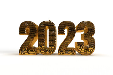 New Year's Eve hive with bee on honey comb  Shiny hexagonal gold number 2023 on a black background with bee.  All isolated as a banner for holiday. 3D rendering. - obrazy, fototapety, plakaty