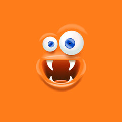Vector funny orange monster face with open mouth with fangs and eyes isolated on orange background. Halloween cute and funky monster design template for poster, banner and tee print