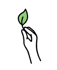 A hand with a green leaf. Co2 concept of climate change. Recycling. Vector isolated doodle