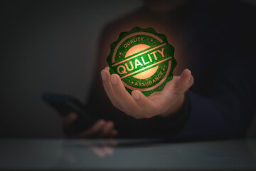 Quality Assurance Concept. Business people show high quality assurance mark, good service, premium,...