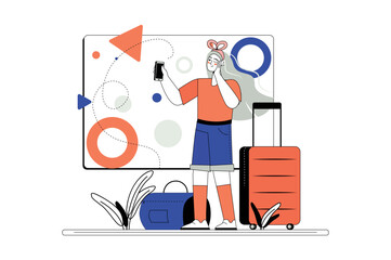 Line concept Travel with people scene in the flat cartoon style. Girl with a suitcase is going on an interesting trip to the countries of the world. Vector illustration.