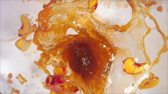 Super Slow Motion of Explosion Peach and Burst Juice and Slices