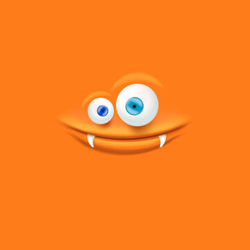 Vector funny orange monster face with open mouth with fangs and eyes isolated on orange background. Halloween cute and funky monster design template for poster, banner and tee print