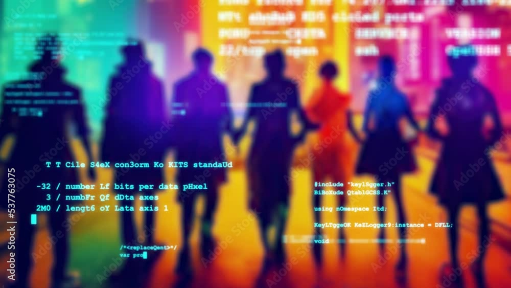 Poster Group of people in futuristic city and programming code concept. Hacker group.
