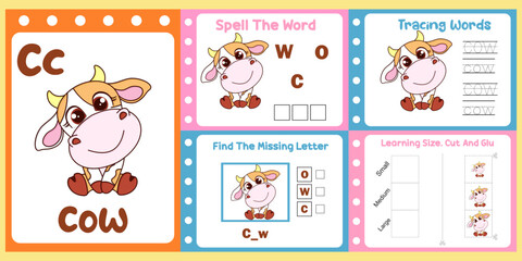 worksheets pack for kids with cow vector. children's study book