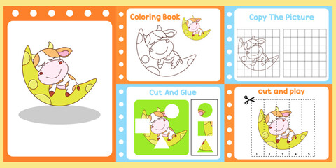 worksheets pack for kids with cow vector. children's study book