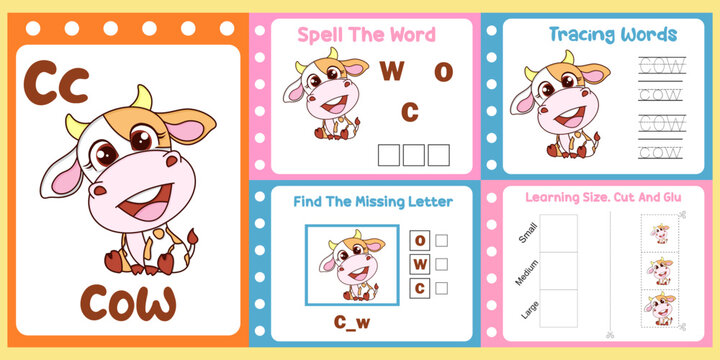 worksheets pack for kids with cow vector. children's study book