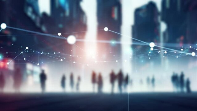 Group of people in futuristic city and communication network concept.