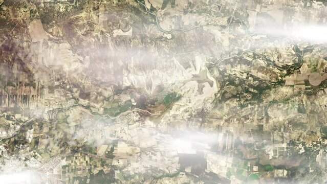 Planet earth background, Mexico Cerro Prieto area farm and field landscape view from satellite animation with clouds. Based on image by Nasa
