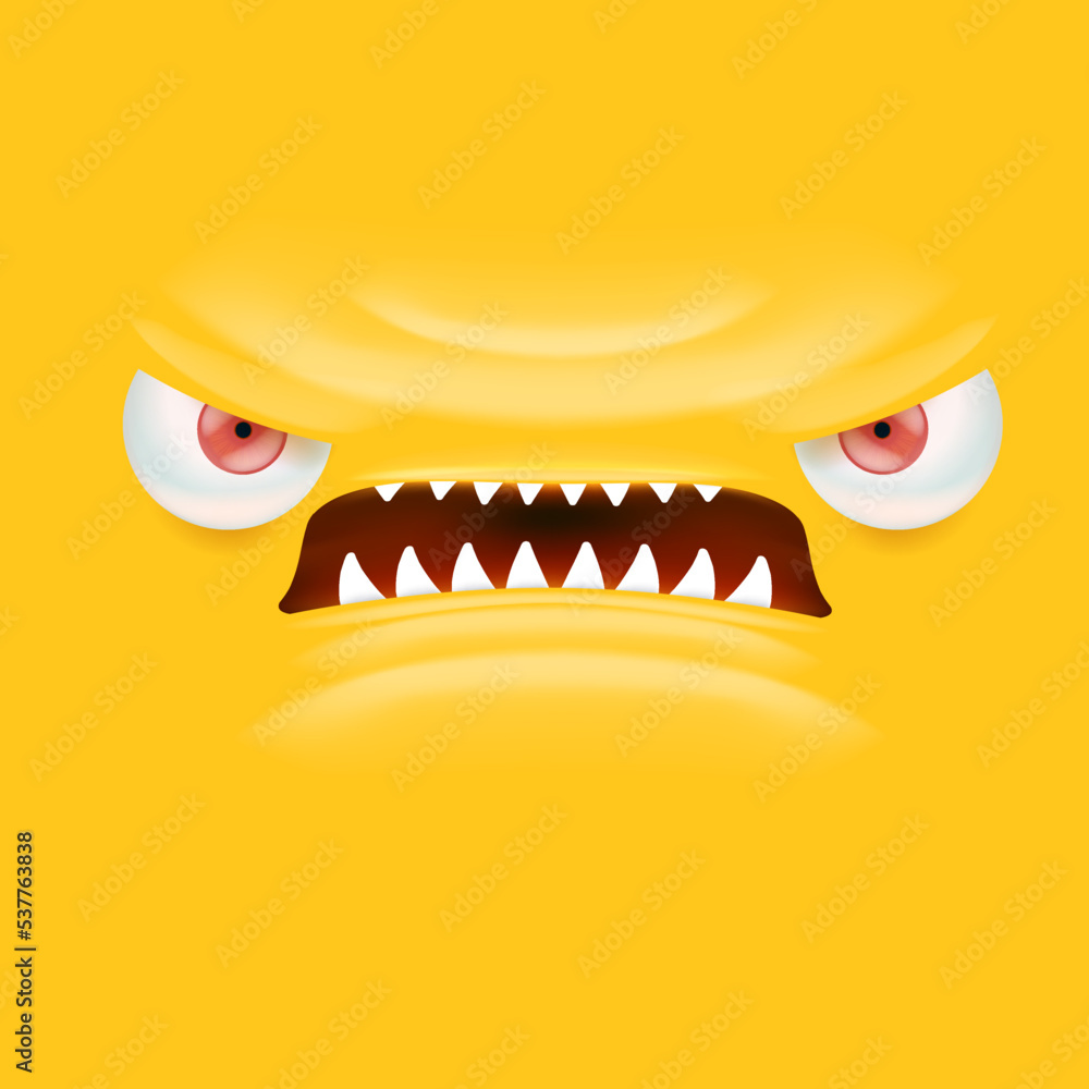 Wall mural vector funny angry orange monster face with open mouth with fangs and evil eyes isolated on orange b