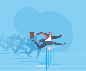 Execution success, business goals, achieve target, successful career or overcome obstacles to success concept. The fastest businessman is jumping over hurdle of hurdles race in blue background.