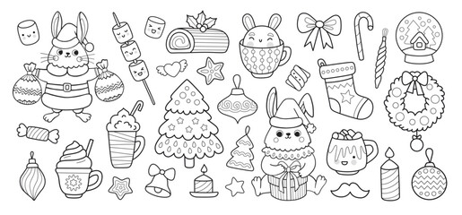 Christmas outline rabbit cartoon characters and elements for coloring book. Cute bunny in santa claus costune, xmas elf, tree, holly and holiday decorations. Vector isolated doodle illustration.
