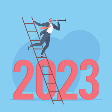 Business trends for 2023, 2023 vision, searching for opportunities or leadership concept. Businessman is looking through monocular telescope and standing on ladder above text 2023 in blue scene.
