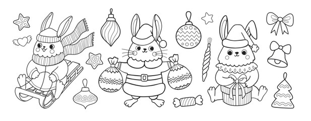 Christmas rabbit outline cartoon character set. Bunny on sled, in santa claus costume with gifts, christmas toy and decoration. Coloring book elements. Vector doodle illustration.