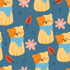 seamless pattern cartoon cat with autumn vibes. cute animal wallpaper for textile, gift wrap paper