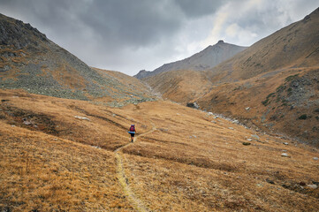 Hiker tourist walking at mountain valley at dark cloudy sky