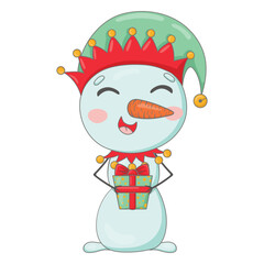 Cute cartoon snowman dressed as an elf holding a Christmas present in his hands
