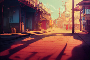 Fototapeta premium Cozy Dust Scene at downtown. Low Angle, Sunset wash ground. Orange Landscape Background in Japanese Anime Style. 