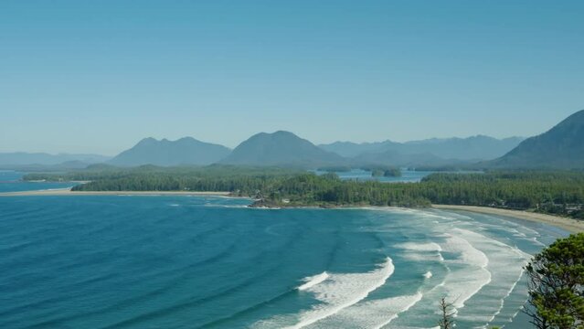Panoramic view over Cox Beach on Vancouver Island on a sunny day.
