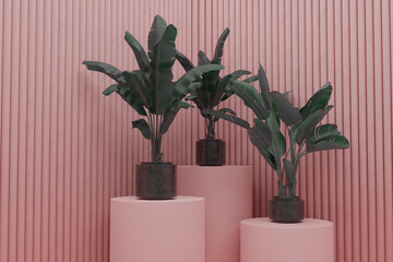 3D rendering of banana plants on pink platform