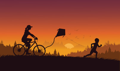 Fototapeta na wymiar silhouette women cycling and a boy flying a kite.