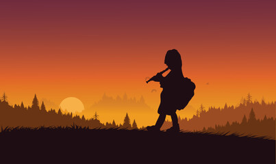 A boy blowing a flute and walking on the foothills.Illustration vector.