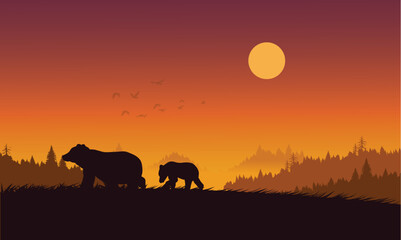 Obraz premium Landscape with mountains, forest and silhouettes of trees and wild bears.