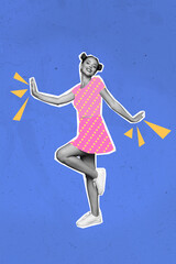 Creative trend abstract collage of funny funky charming young girl retro vintage dotted outfit...