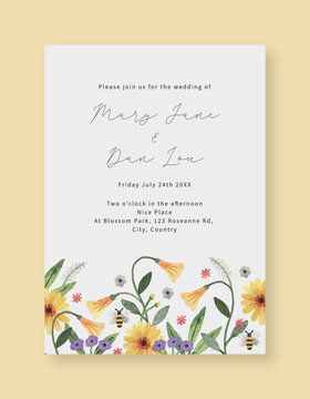 Simple hand drawn wild floral watercolour wedding invitation card