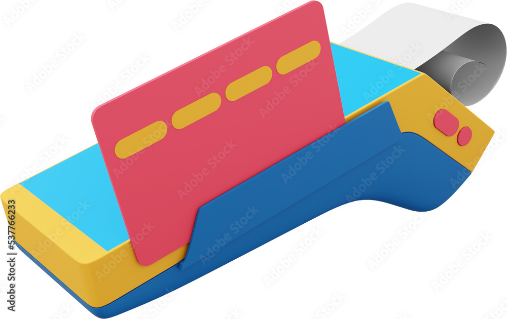 Poster nfc pos terminal gprs point with paper receipt and a credit card. mockup screen. payment machine. pn