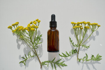 An empty mock-up of a medical bottle with a pipette and aroma oil. Transparent bottle made of dark amber glass with a green plant and yellow flowers. The concept of phytotherapy and aromatherapy