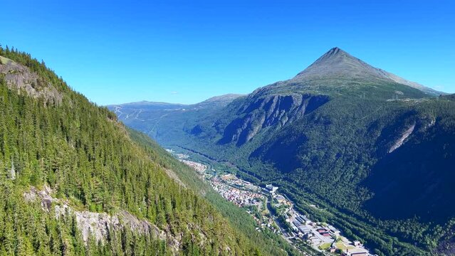 Panoramic view of the Gaustatoppen peak from the upper Krossobanen station at the edge of the Hardangervidda plateau, Rjuakan, Telemark, Norway
