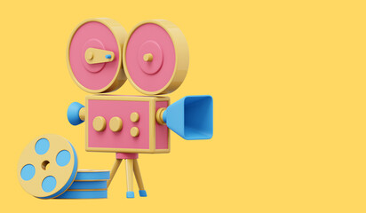 Vintage red cartoon style movie camera. Funny retro video camera. 3D rendering. Icon on yellow background, text space.