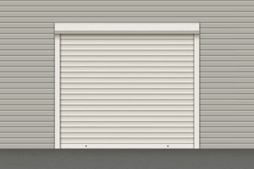 White closed roller garage shutter door with realistic texture on the light facade. Metal protect system for shops and stores. Vector illustration of steel gate of house or warehouse. Roller up blinds