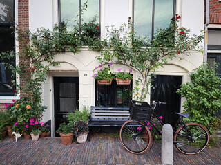 A beautiful house in Haarlem, Netherlands, with flowers and a bicycle in front of the porch