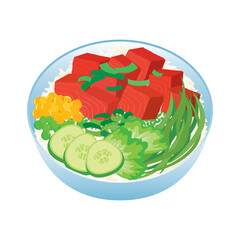 Hawaii Poke Bowl with tuna cubes and vegetables icon vector. Tuna poke bowl with rice, cucumber, lettuce and seaweed design element isolated on a white background