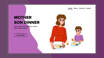mother son dinner vector. family happy, together food, home meal, daughter parent, table father, eating child, boy mother son dinner web flat cartoon illustration