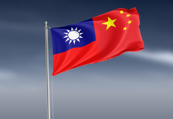 Taiwan vs China flags waving. 3d rendering illustration.