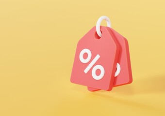Red price tag with a percent sign on a yellow isolated background 3d render
