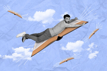Creative abstract template collage of funny funky scared falling man flying book wings fairy tale...