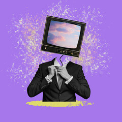 Business man with a retro TV instead of a head on a purple background, surreal, modern art, collage