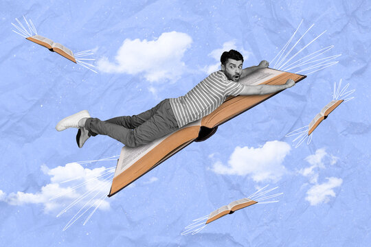 Creative abstract template collage of funny funky scared falling man flying book wings fairy tale imagination inspiration clouds sky