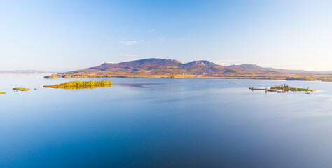Aerial view on Palava hills with lake in front in Czech Republic, Europe