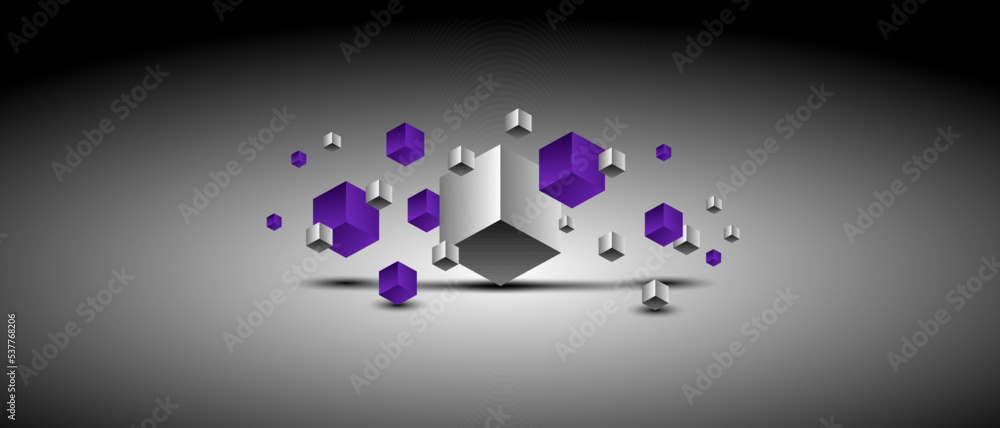 Poster abstract background with falling 3d cubes. dynamic flying white and blue cubes. modern trendy horizo