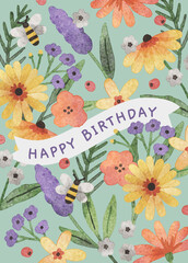 Hand drawn colourful watercolour floral happy birthday card