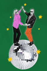 Creative photo 3d collage poster postcard artwork of mature happy people stand disco ball dancing...