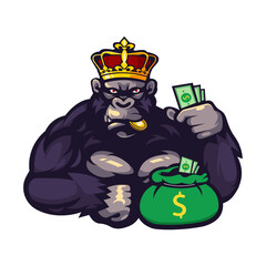King Gorilla holding money mascot logo design illustration vector with transparent background